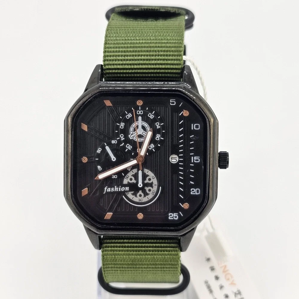 Men's Watch 42MM Black Dial Black Case‎ Date Army Green Canvas Band New Battery